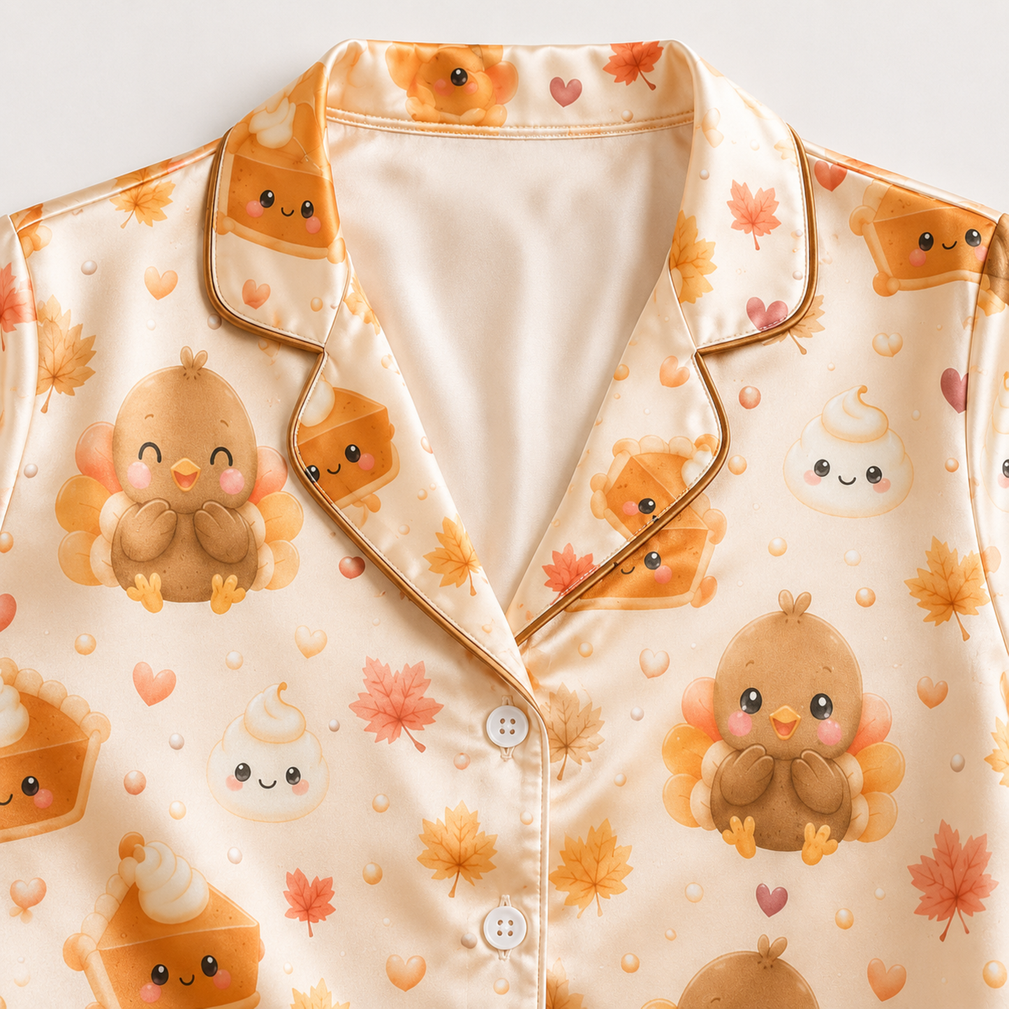 PJ-M330-Adorable Thanksgiving Turkey And Pumpkin Pie Print Pajama Set Featuring Festive Autumn Leaves On Ultra-Soft Satin Fabric