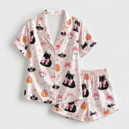 PJ-M331-Playful Modern Cat Halloween Silhouette Motif Loungewear Collection Featuring A Fun Geometric Pattern In A Versatile Colorway