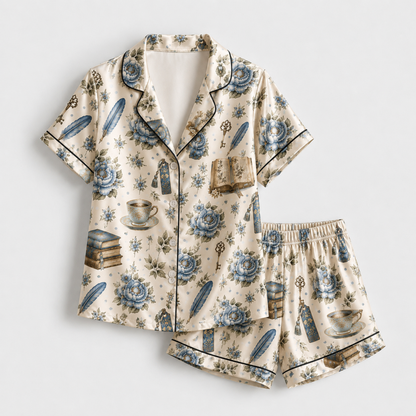 PJ-M332-Elegant Dark Academia Floral And Vintage Book Print Pajama Set Featuring Quill And Teacup Illustration