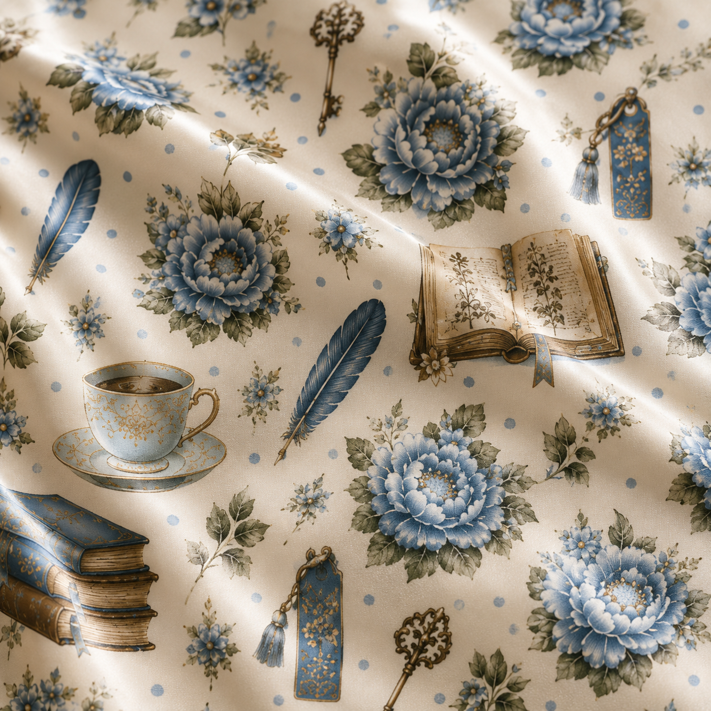 PJ-M332-Elegant Dark Academia Floral And Vintage Book Print Pajama Set Featuring Quill And Teacup Illustration