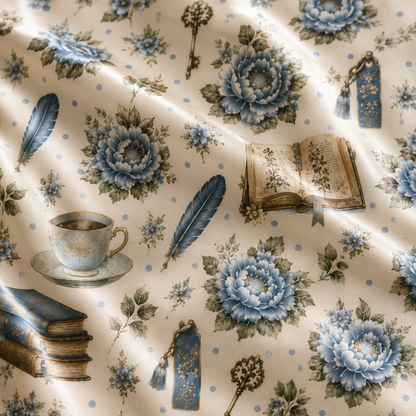 PJ-M332-Elegant Dark Academia Floral And Vintage Book Print Pajama Set Featuring Quill And Teacup Illustration