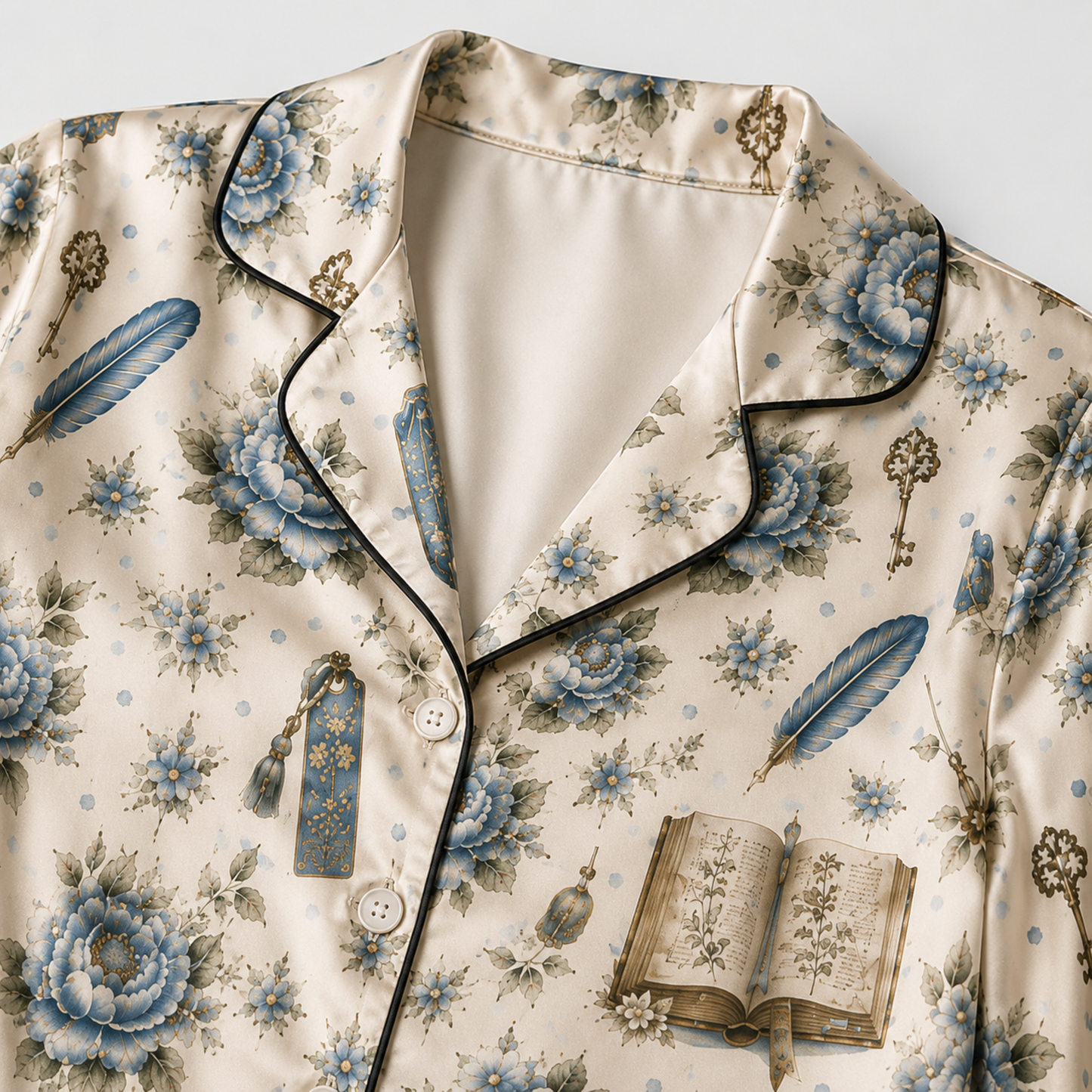 PJ-M332-Elegant Dark Academia Floral And Vintage Book Print Pajama Set Featuring Quill And Teacup Illustration