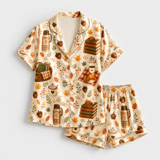 PJ-M333-Cozy Literary-Inspired Pajama Set Featuring Charming Vintage Book And Warm Coffee Cup Illustrations On Premium Soft Fabric