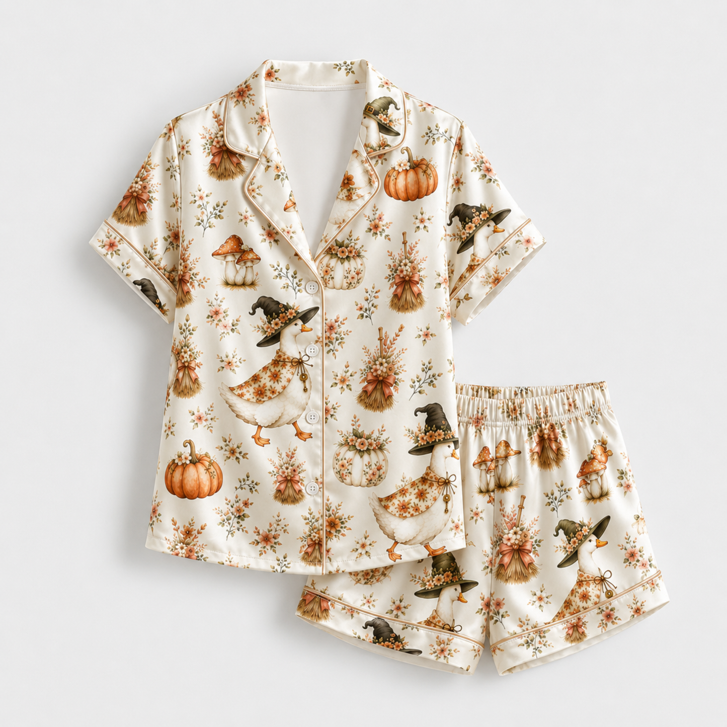 PJ-M334-Festive Duck Halloween Print Sleepwear Crafted From Ultra-Soft Sustainable Material Featuring Cute Spooky Icons And Fall Colors