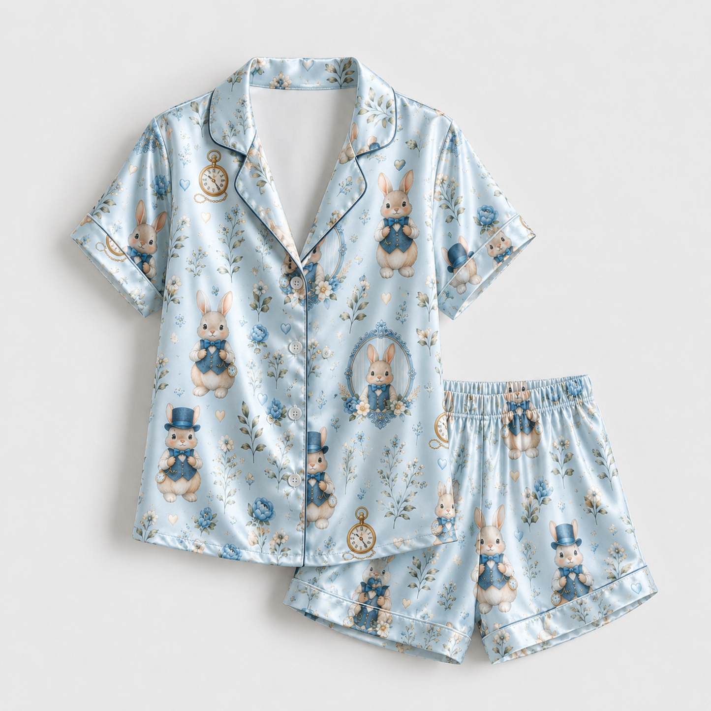 PJ-M335-Whimsical Rabbit And Vintage Pocket Watch Print Pajama Set Featuring Classic Storybook Illustrations On Soft Blue Satin