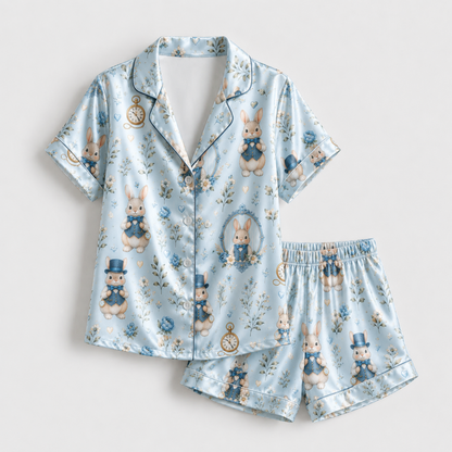 PJ-M335-Whimsical Rabbit And Vintage Pocket Watch Print Pajama Set Featuring Classic Storybook Illustrations On Soft Blue Satin
