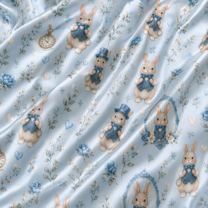 PJ-M335-Whimsical Rabbit And Vintage Pocket Watch Print Pajama Set Featuring Classic Storybook Illustrations On Soft Blue Satin
