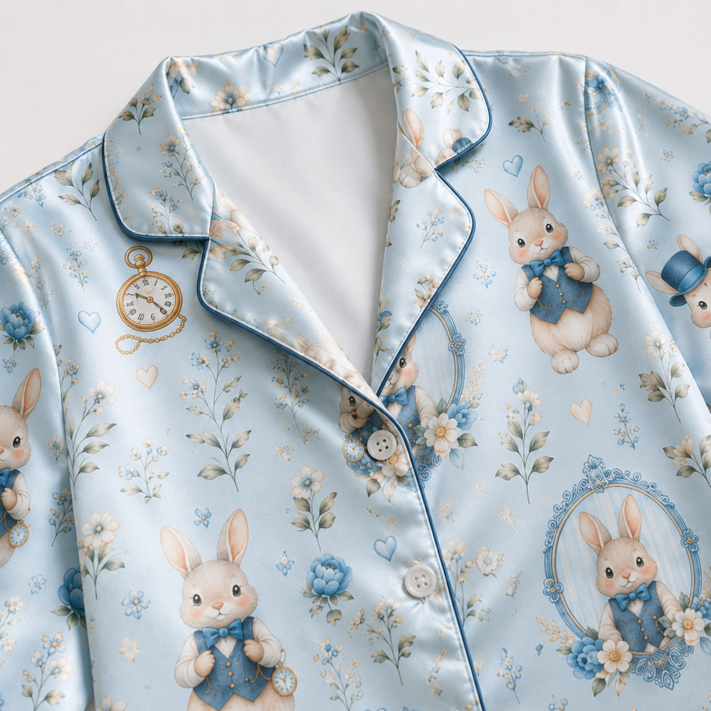 PJ-M335-Whimsical Rabbit And Vintage Pocket Watch Print Pajama Set Featuring Classic Storybook Illustrations On Soft Blue Satin
