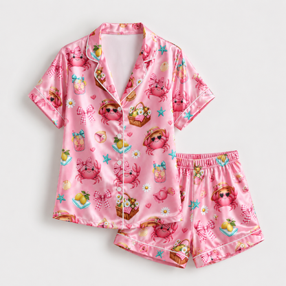 PJ-M336-Pink Satin Crab Picnic Print Pajamas Summer Sleepwear Set