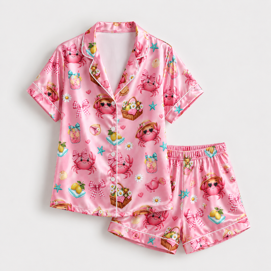 PJ-M336-Pink Satin Crab Picnic Print Pajamas Summer Sleepwear Set