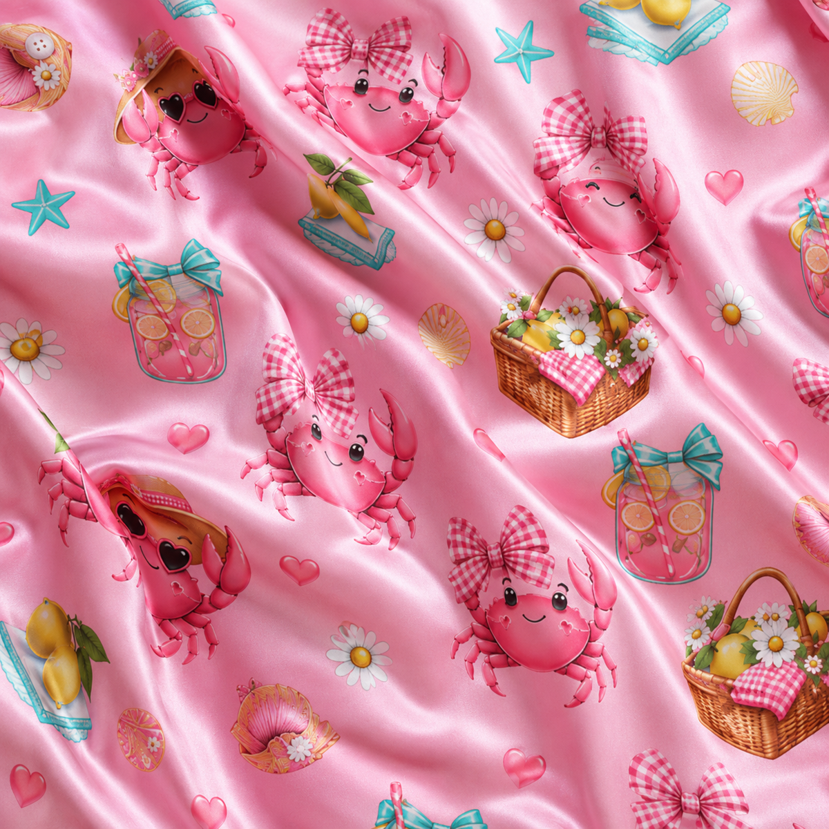 PJ-M336-Pink Satin Crab Picnic Print Pajamas Summer Sleepwear Set
