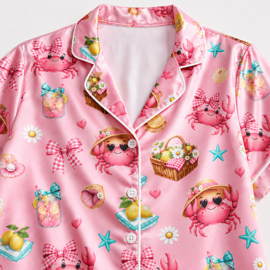 PJ-M336-Pink Satin Crab Picnic Print Pajamas Summer Sleepwear Set