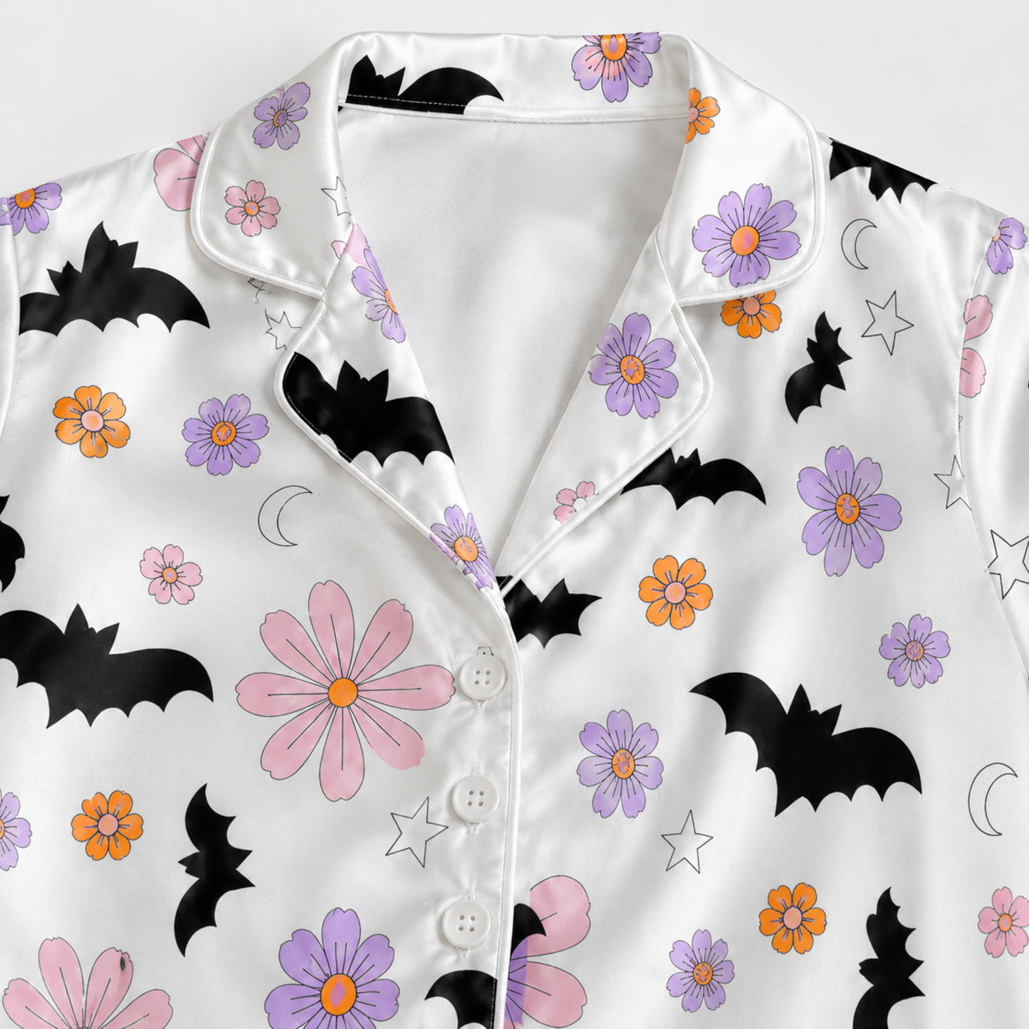 PJ-M338-Whimsical Halloween Pattern Pajama Set Adorned With Charming Bats And Floral Illustrations For A Fun Look