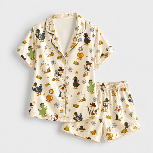 PJ-M340-Spooky Duck Halloween Print Pajama Set Featuring Festive Jack-O-Lantern Motifs Crafted From Breathable Soft Brushed Fabric