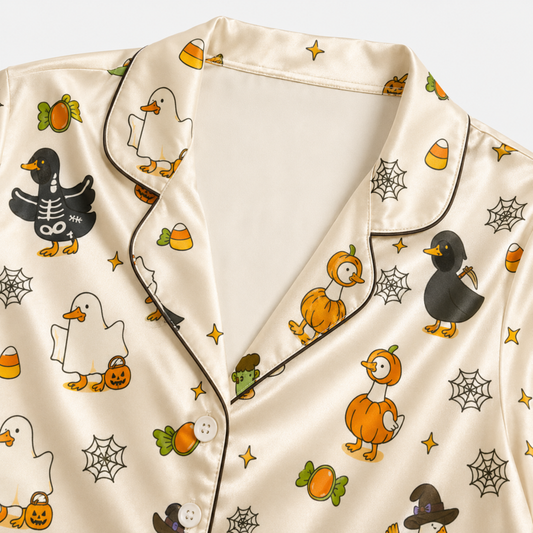 PJ-M340-Spooky Duck Halloween Print Pajama Set Featuring Festive Jack-O-Lantern Motifs Crafted From Breathable Soft Brushed Fabric