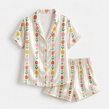 PJ-M342-Botanical Garden Print Pajama Set Featuring Delicate Floral Motifs Crafted From Breathable Premium Organic Silk Fabric