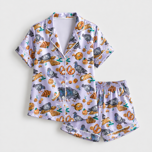 PJ-M343-Lilac Satin Pigeon And Pastry Print Pajamas Sleepwear Set