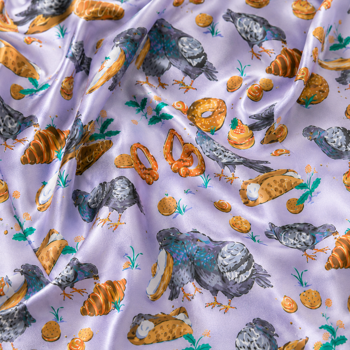 PJ-M343-Lilac Satin Pigeon And Pastry Print Pajamas Sleepwear Set