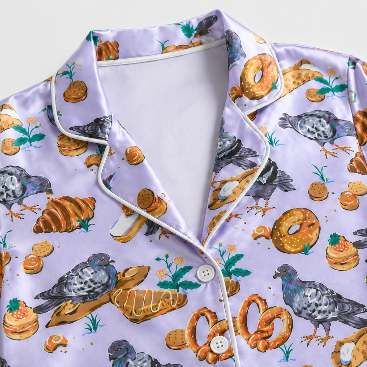 PJ-M343-Lilac Satin Pigeon And Pastry Print Pajamas Sleepwear Set