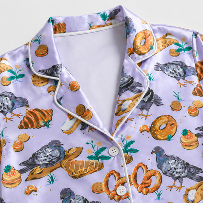 PJ-M343-Lilac Satin Pigeon And Pastry Print Pajamas Sleepwear Set