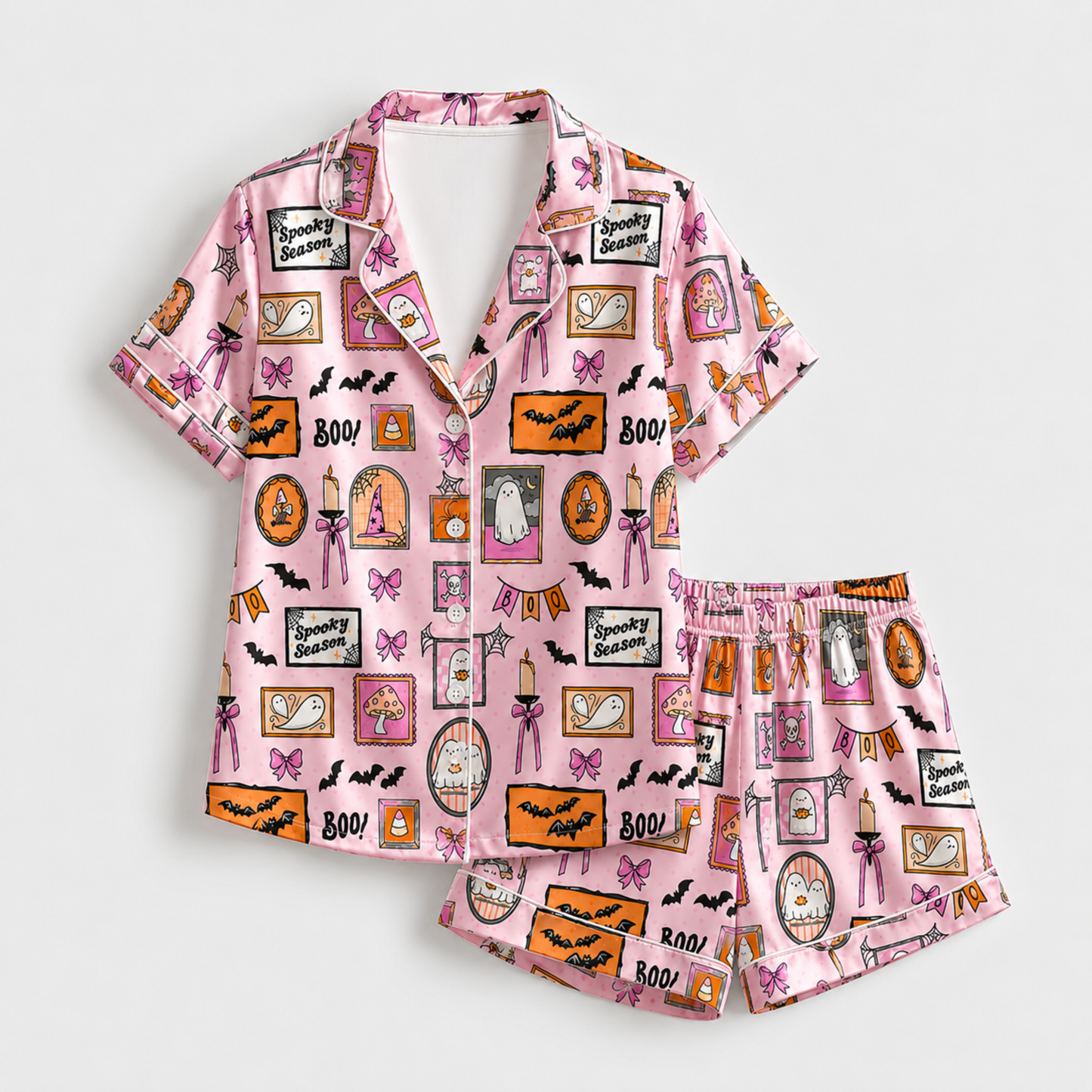 PJ-M344-Pink Satin Spooky Season Ghost Print Pajamas Halloween Sleepwear