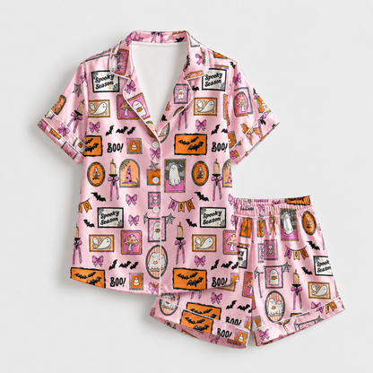 PJ-M344-Pink Satin Spooky Season Ghost Print Pajamas Halloween Sleepwear