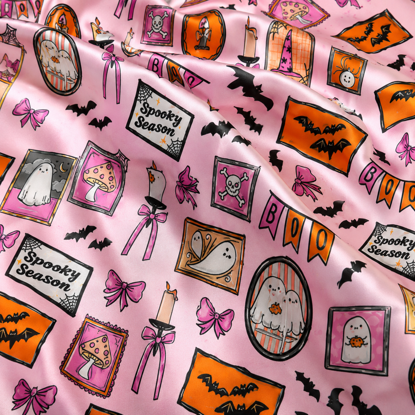 PJ-M344-Pink Satin Spooky Season Ghost Print Pajamas Halloween Sleepwear