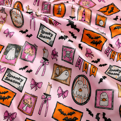 PJ-M344-Pink Satin Spooky Season Ghost Print Pajamas Halloween Sleepwear