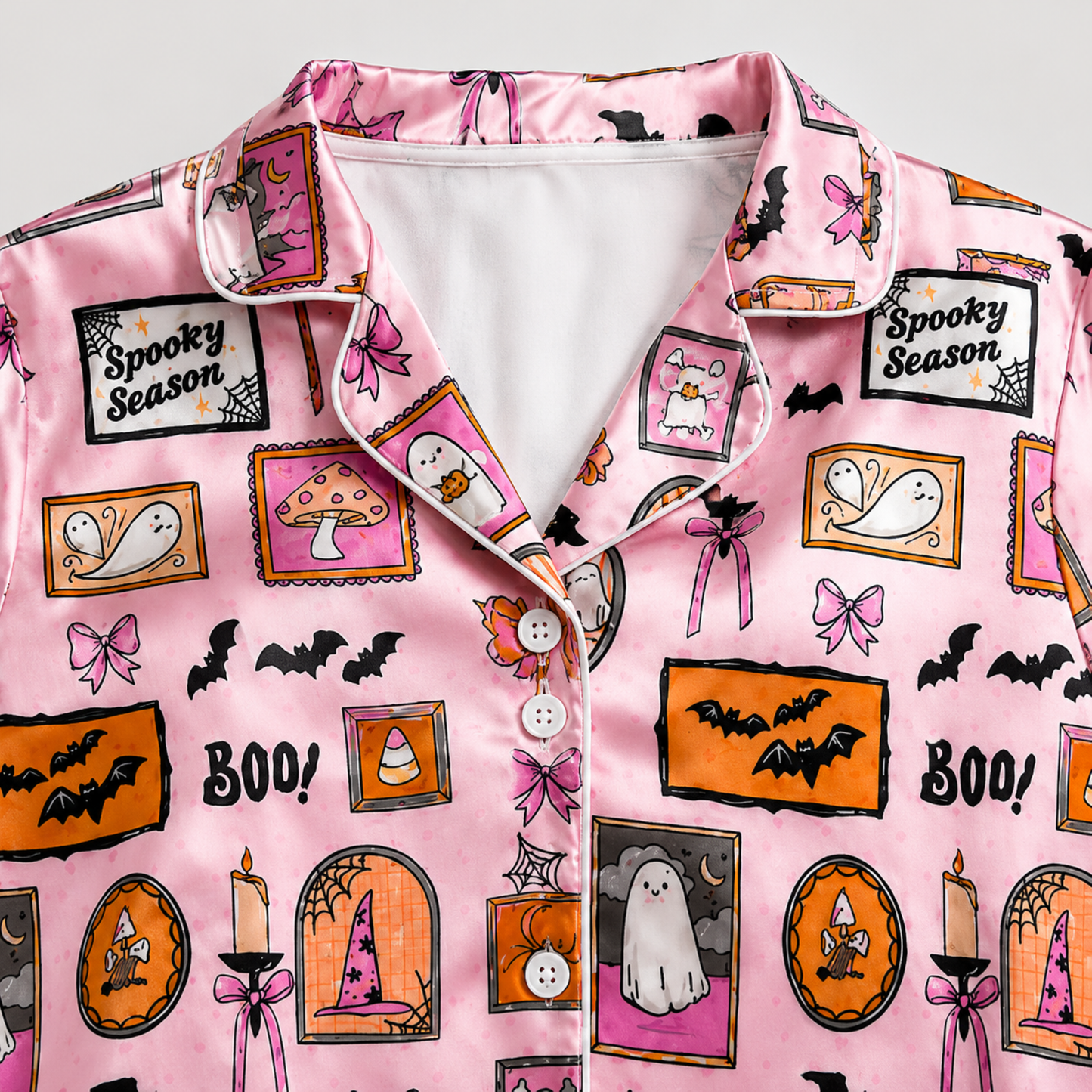 PJ-M344-Pink Satin Spooky Season Ghost Print Pajamas Halloween Sleepwear