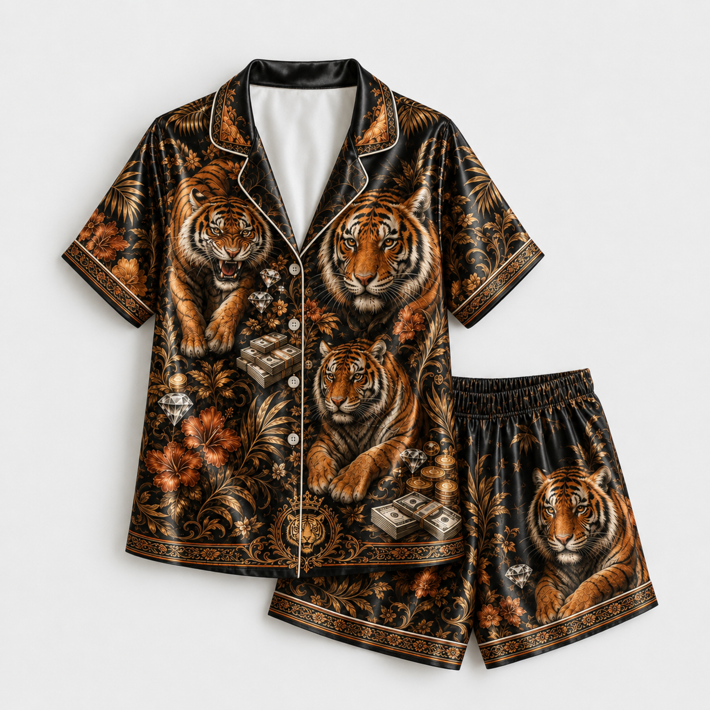 PJ-M348-Tough Tiger Predator Graphic Pajama Set Showcasing A Powerful Silhouette In A Sharp Monochrome Palette
