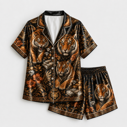 PJ-M348-Tough Tiger Predator Graphic Pajama Set Showcasing A Powerful Silhouette In A Sharp Monochrome Palette
