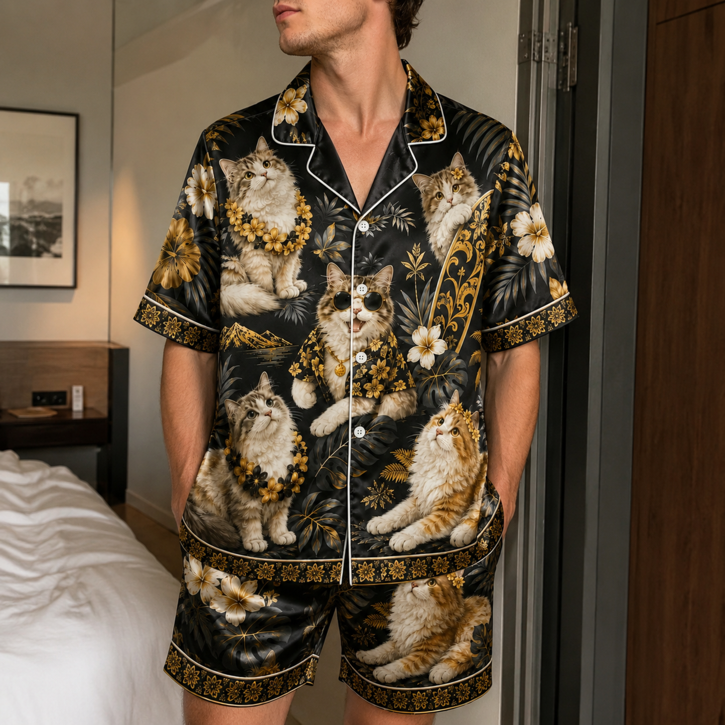PJ-M350-Cool Tribal Style Cat Motif Pajama Set Perfect For Those Who Prefer A Fierce And Tough Aesthetic