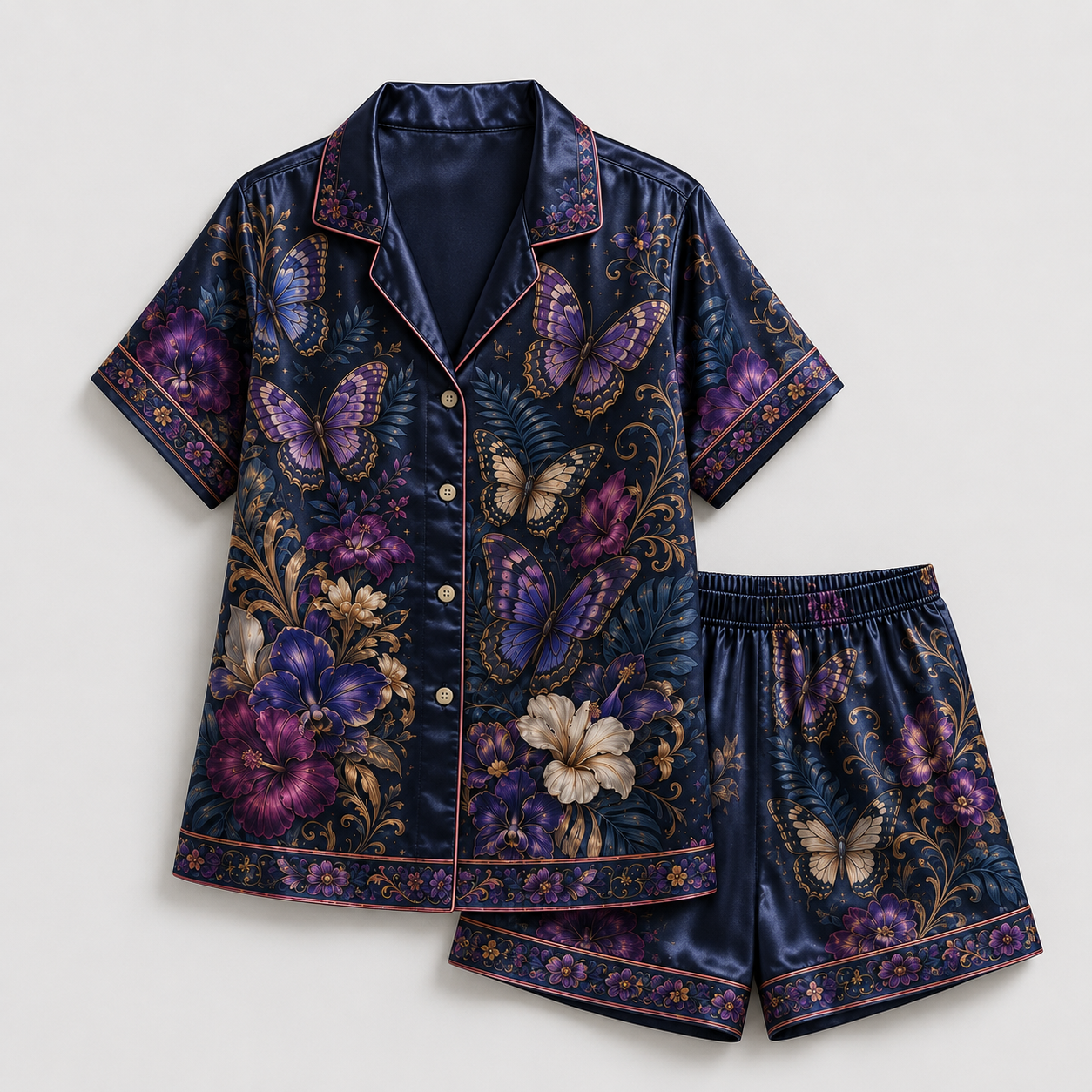 PJ-M351-Striking Floral Landscape Butterfly Pajama Set Designed With A Relaxed Silhouette And Vibrant Graphic Details