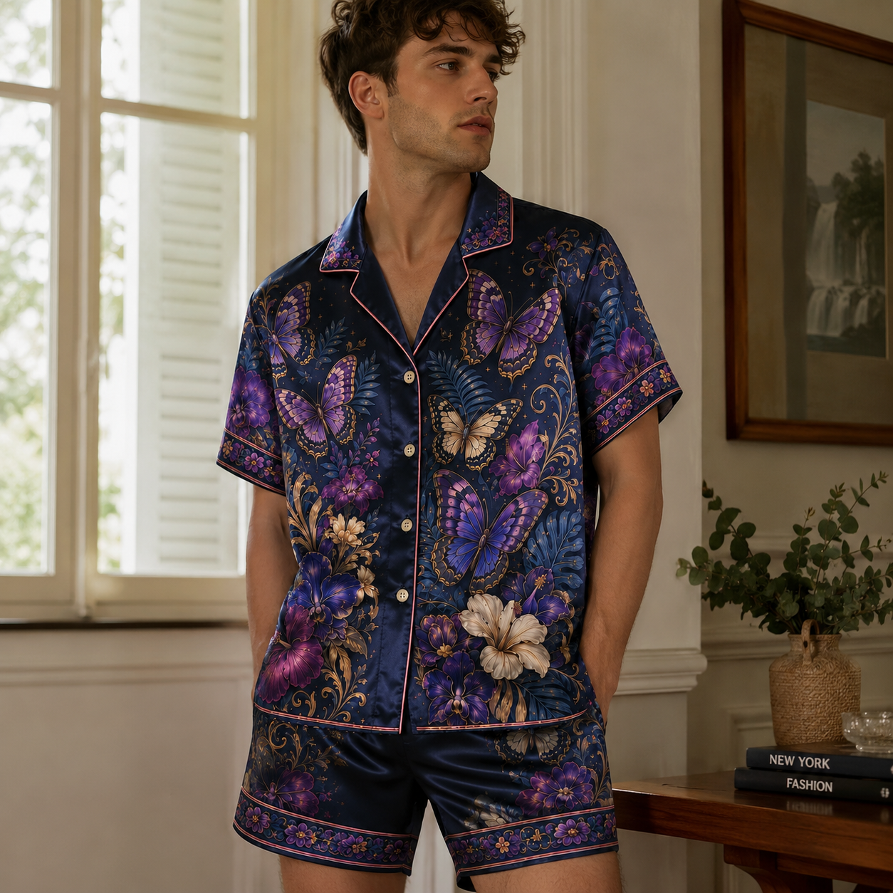 PJ-M351-Striking Floral Landscape Butterfly Pajama Set Designed With A Relaxed Silhouette And Vibrant Graphic Details