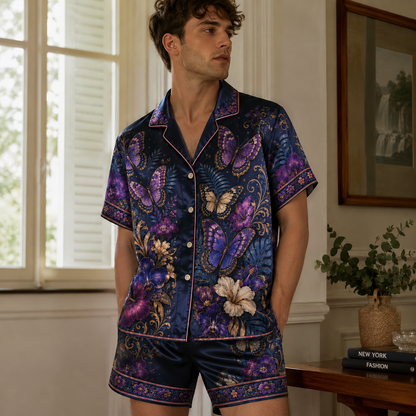 PJ-M351-Striking Floral Landscape Butterfly Pajama Set Designed With A Relaxed Silhouette And Vibrant Graphic Details