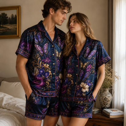 PJ-M351-Striking Floral Landscape Butterfly Pajama Set Designed With A Relaxed Silhouette And Vibrant Graphic Details