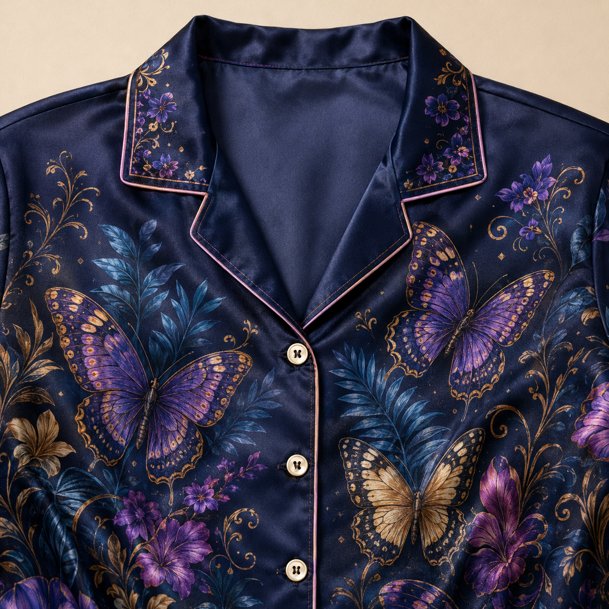 PJ-M351-Striking Floral Landscape Butterfly Pajama Set Designed With A Relaxed Silhouette And Vibrant Graphic Details