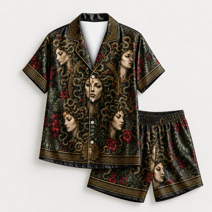 PJ-M352-Mythical Medusa Graphic Pajama Set Designed With A Relaxed Fit And Bold Artistic Elements