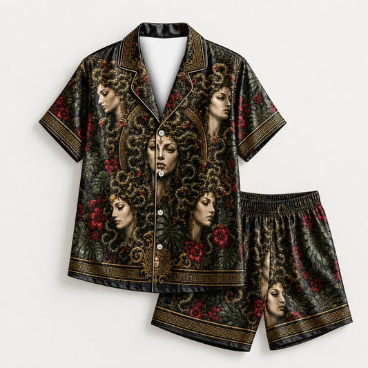 PJ-M352-Mythical Medusa Graphic Pajama Set Designed With A Relaxed Fit And Bold Artistic Elements