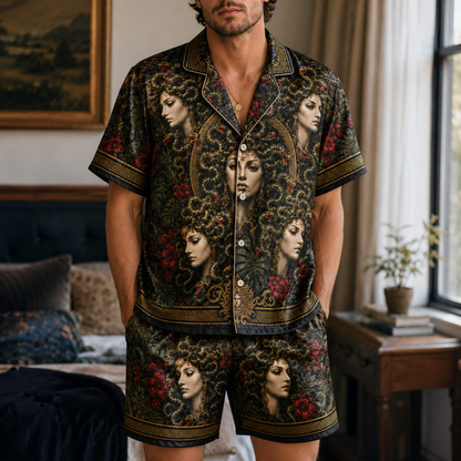 PJ-M352-Mythical Medusa Graphic Pajama Set Designed With A Relaxed Fit And Bold Artistic Elements