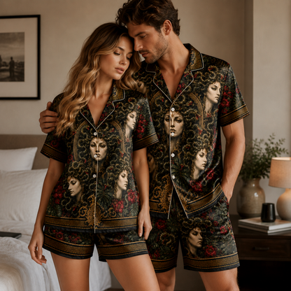 PJ-M352-Mythical Medusa Graphic Pajama Set Designed With A Relaxed Fit And Bold Artistic Elements
