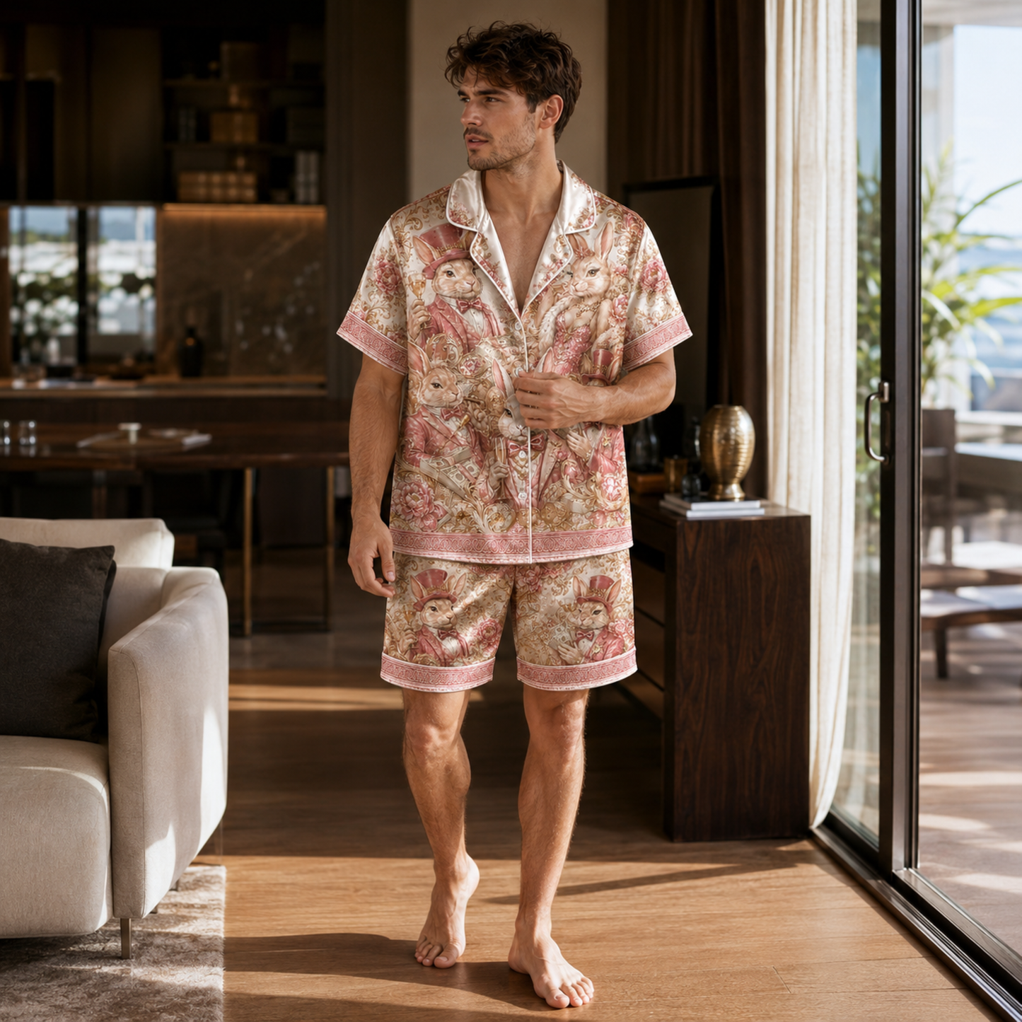 PJ-M353-Edgy Rabbit Motif Loungewear Set Designed With A Relaxed Fit For A Modern, High-Contrast Aesthetic