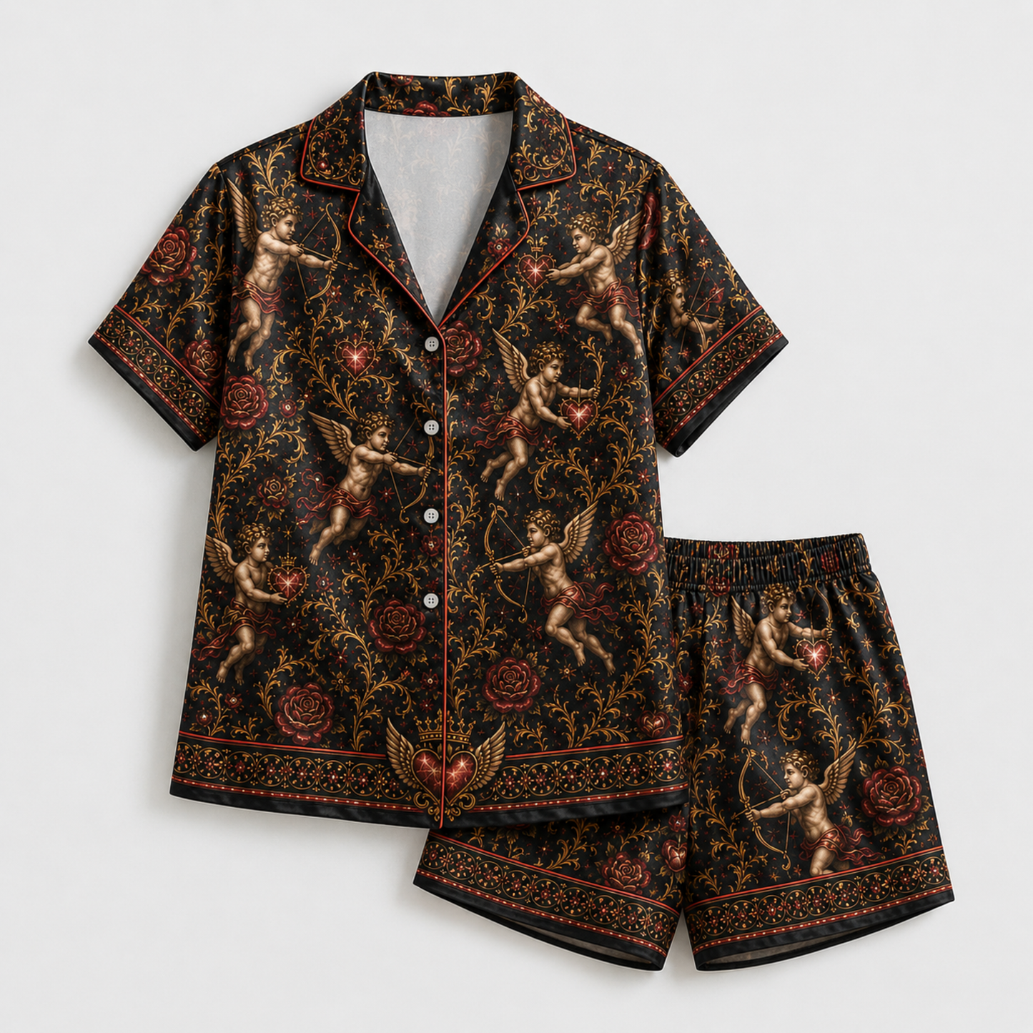 PJ-M354-Baroque Renaissance Cherub and Golden Rose Satin Pajama Set with Romantic Heart and Wing Accents