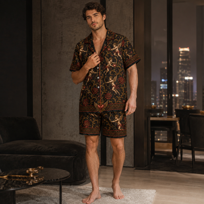 PJ-M354-Baroque Renaissance Cherub and Golden Rose Satin Pajama Set with Romantic Heart and Wing Accents
