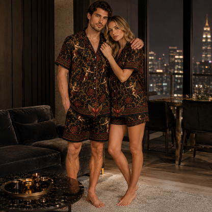 PJ-M354-Baroque Renaissance Cherub and Golden Rose Satin Pajama Set with Romantic Heart and Wing Accents
