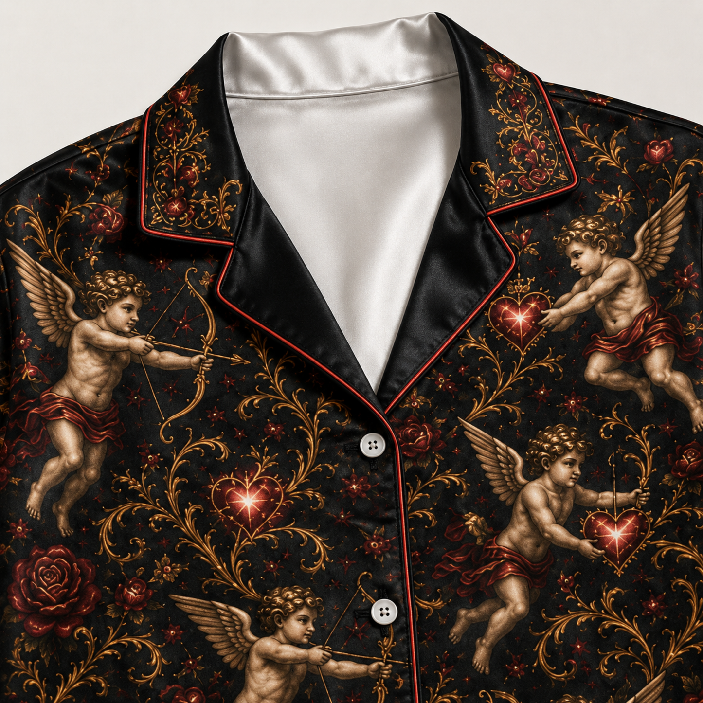 PJ-M354-Baroque Renaissance Cherub and Golden Rose Satin Pajama Set with Romantic Heart and Wing Accents