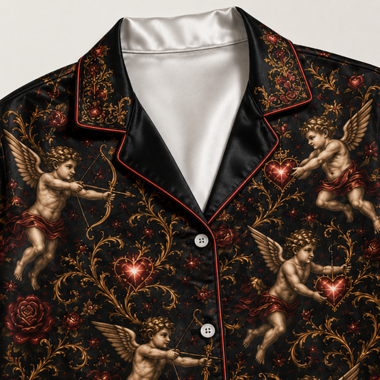 PJ-M354-Baroque Renaissance Cherub and Golden Rose Satin Pajama Set with Romantic Heart and Wing Accents
