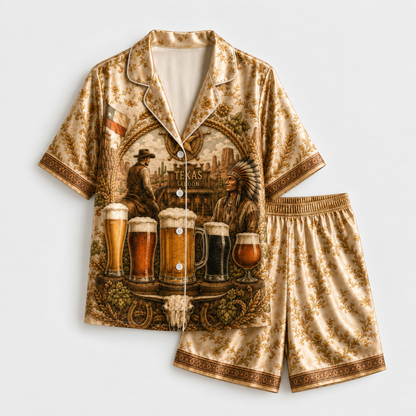 PJ-M355-Gold Satin Western Texas Saloon Beer Print Pajamas Vintage Country Sleepwear Set