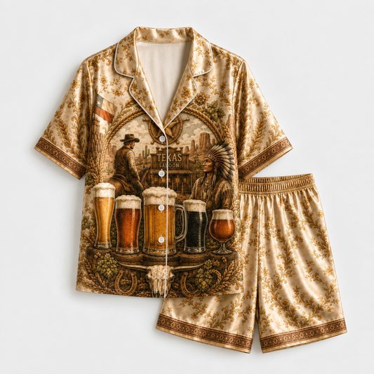PJ-M355-Gold Satin Western Texas Saloon Beer Print Pajamas Vintage Country Sleepwear Set