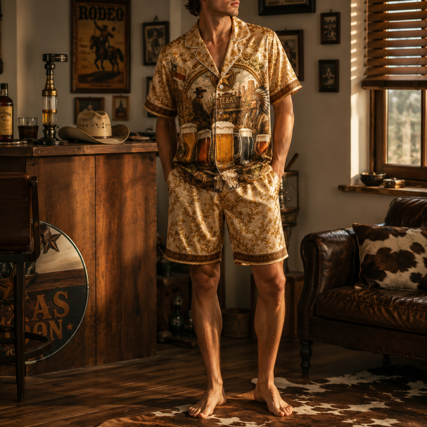 PJ-M355-Gold Satin Western Texas Saloon Beer Print Pajamas Vintage Country Sleepwear Set